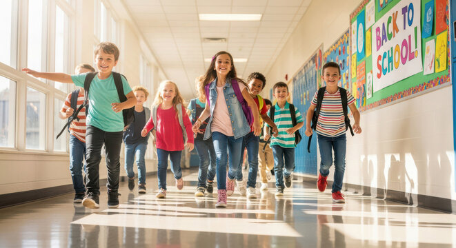 Happy diverse group of elementary school children running excitedly down a bright hallway with backpacks during the first day of school in a sunny educational environment