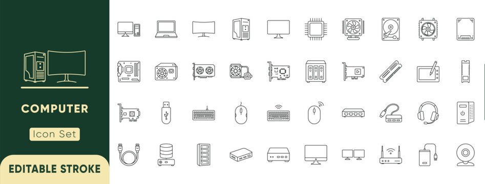 Computer components icon set. Featuring hardware components, desktop peripherals, storage devices, networking equipment, and processing units. Editable vector illustration.