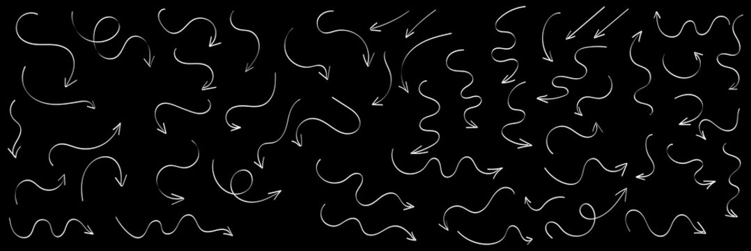 Collection of hand drawn doddle arrow set. Set of brush stroke of curly arrow collection. Sketch curved arrows design