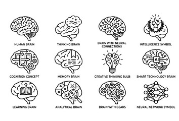 Obraz premium Brain and Intelligence Editable Stroke Line Icons, Thinking and Cognition Vector Set AI