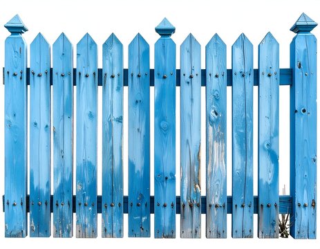 A section of painted blue wooden fence, with pointed tops, against a white background