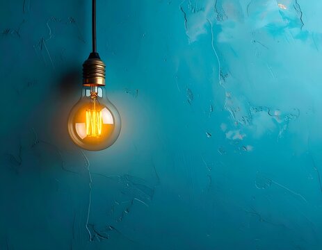 Glowing incandescent lightbulb hangs against a textured, teal wall, casting warm light