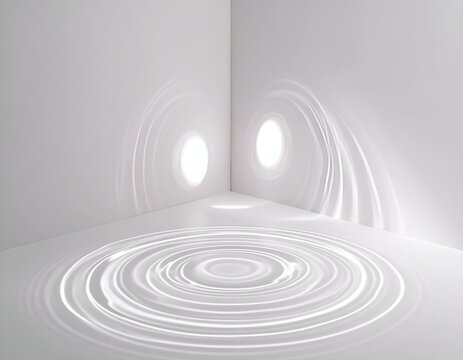 Minimalist white corner space with two circular lights casting spiral shadows