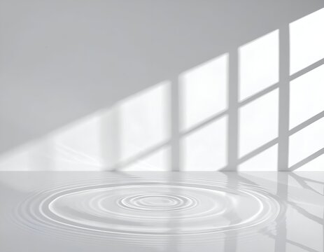 Minimalist scene with rippling water reflecting window shadows on a white background