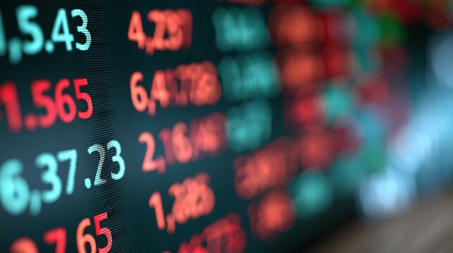 Close-up of a stock market ticker displaying fluctuating financial data with numbers in red and green