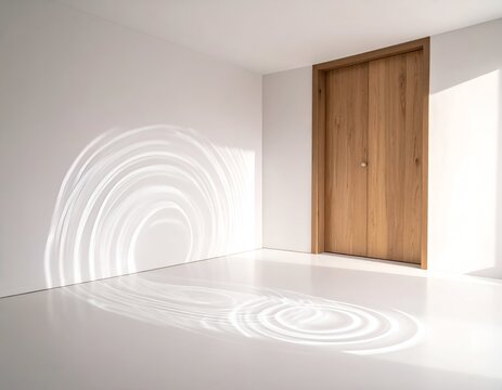 Minimalist white room with wooden door, circular light pattern, and natural sunlight