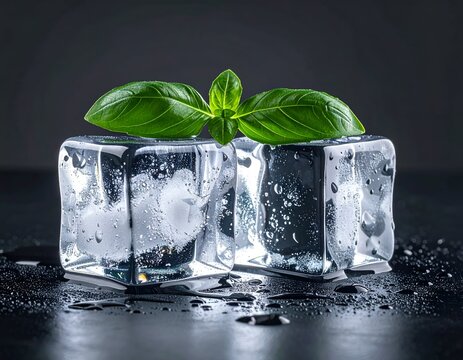 Two clear ice cubes with basil sprig on top, water droplets, dark background