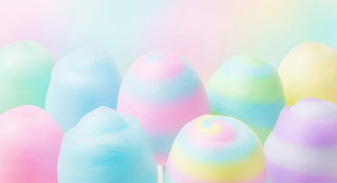 Fluffy pastel cotton candy clouds arranged in a vibrant horizontal row display sweet sugary snacks with soft blended colors for a whimsical and dreamy aesthetic