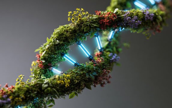 DNA Helix Structure Covered in Lush Greenery and Flowers with Blue Glowing Nucleotides.