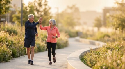 Obraz premium Active elderly couple giving a high five while jogging together on a scenic outdoor path during a beautiful sunny morning in the local park