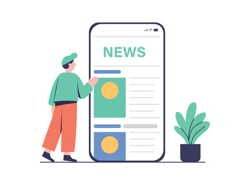 Mobile news app illustration showing a person reading digital articles and online news content.
