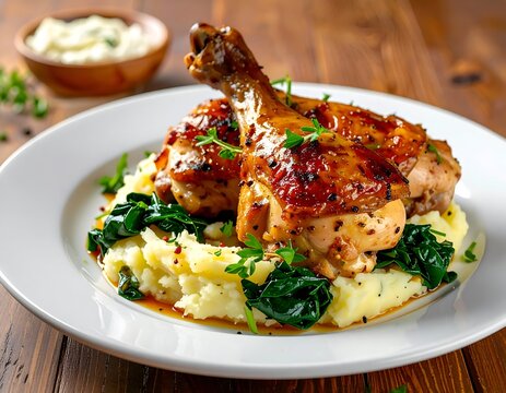 Roasted chicken drumsticks with mashed potatoes and greens on a white plate