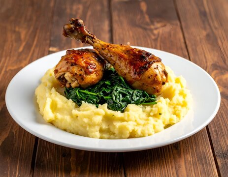 Roasted chicken drumstick and thigh served with mashed potatoes and sauteed spinach