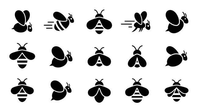 Set of 15 Black Bee Icons and Symbols, Isolated on Transparent Background