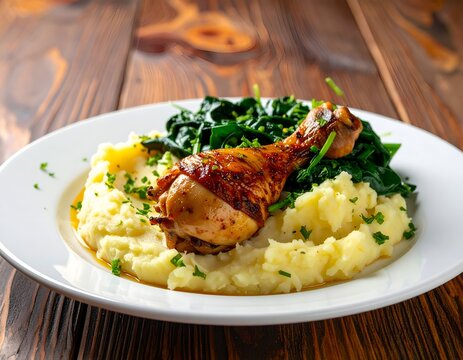 A white plate holds roasted chicken leg, mashed potatoes and spinach on a wooden table