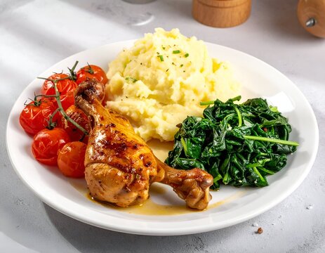 A plate of roasted chicken leg, mashed potatoes, tomatoes, and spinach