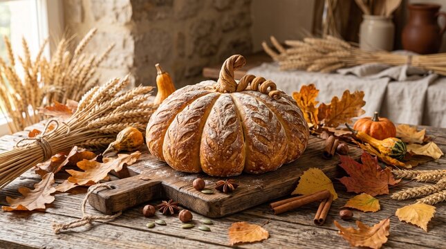 Artisan Pumpkin Shaped Bread with Autumn Leaves and Wheat