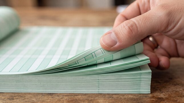 A close-up view of a hand flipping through a stack of light green accounting ledger paper ad social media download thambnail poster web template event festival 2026 2027 2028