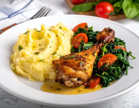 A roasted chicken leg, mashed potatoes, and saut?ed spinach with tomatoes on a white plate