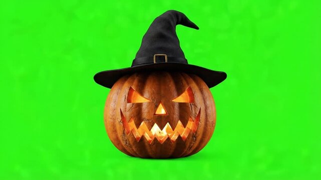 Glowing carved Halloween pumpkin with witch hat on a green screen background