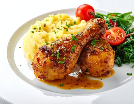 Roasted chicken drumsticks with sides of mashed potatoes, spinach, and tomatoes