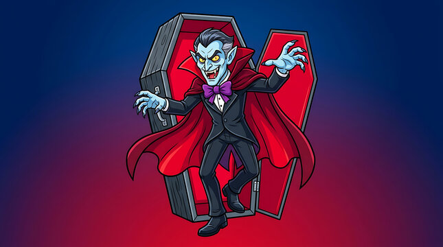 Cartoon vampire rising from his coffin with a dramatic red cape and spooky expression