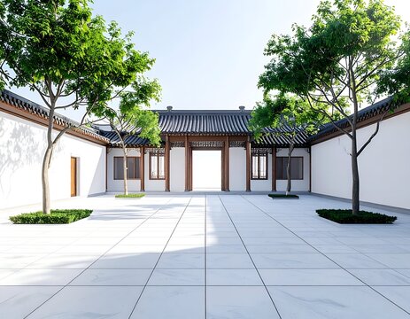 Tranquil courtyard scene with white walls, wooden details, and lush greenery under a bright sky