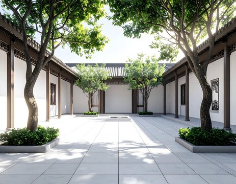 Serene courtyard scene with traditional architecture, trees, and bright sunlight