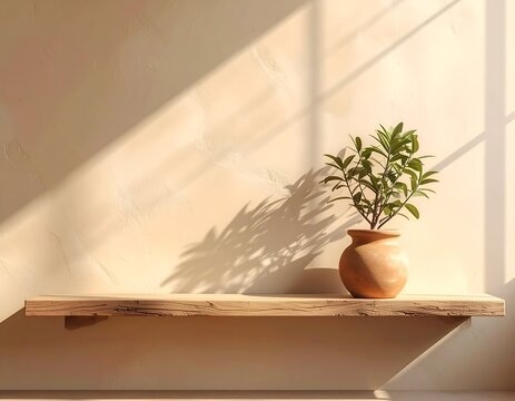 Warm sunlight casts shadows on a textured wall, shelf holding a small plant in terracotta
