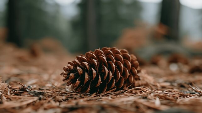 Close up macro view of a single pinecone resting on a forest floor covered in pine needles