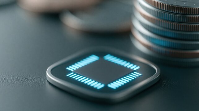 Digital Currency Chip Coin with Stack of Metal Coins Background, Cryptocurrency Concept