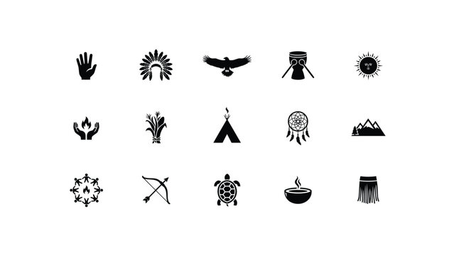 Minimalist black cultural symbols icon set with representing traditional cultural contrast collection fourteen white icons representing rituals natural elements