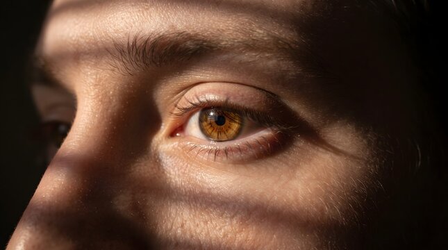 Detailed close-up macro shot of a human hazel brown eye looking forward. Dramatic light and shadow patterns from window blinds cast across the face, highlighting the intricate details of the iris,...
