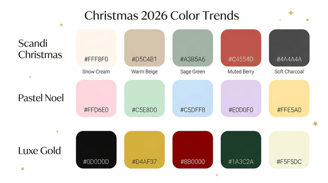 Christmas 2026 color trends palette, Scandi Christmas and Pastel Noel swatches, Luxe Gold holiday color guide with hex codes