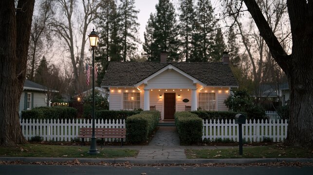 Charming white house with picket fence and string lights illuminated at dusk surrounded by trees