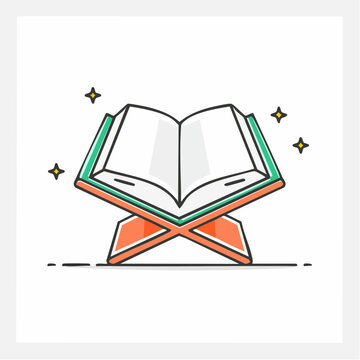 A flat line art illustration of an open holy book on a traditional wooden rehal stand.