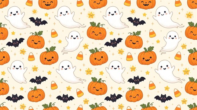 Festive cartoon Halloween seamless pattern with cute ghosts and candy corn