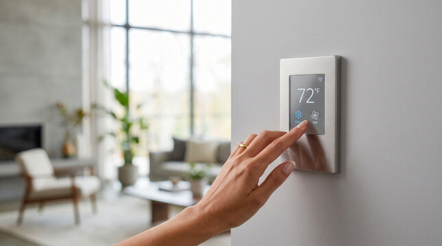 Woman hand adjusting a smart home thermostat set to 72 degrees on a wall in a modern living room