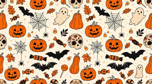 Cute Halloween seamless background with pumpkins ghosts and autumn elements