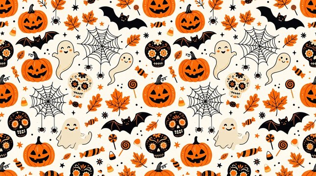 Seamless Halloween pattern with cute pumpkins ghosts bats and sugar skulls