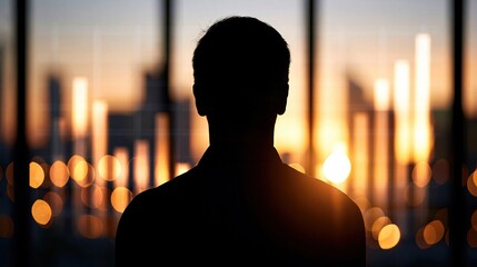Plakat Silhouette of a businessman looking out over a city skyline at sunrise, symbolizing ambition and success
