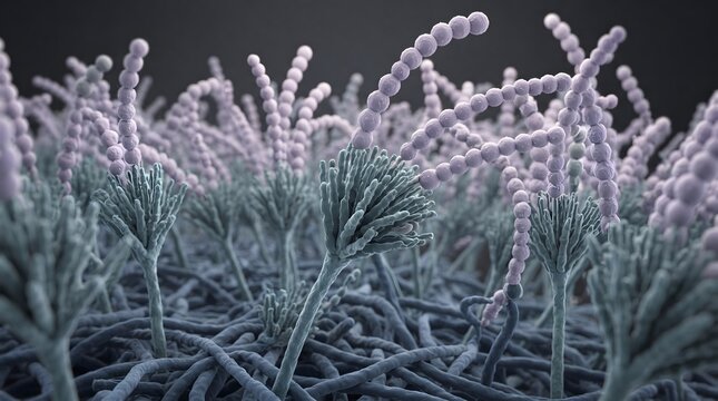 Detailed scientific 3D illustration depicting Penicillium mold under a microscope. The image showcases bluish-green conidiophores releasing chains of spherical purple conidia spores above a tangled...