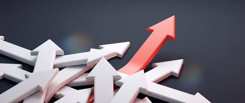 Red arrow rising above white arrows in a dynamic 3D render, symbolizing leadership, business growth, competitive edge, unique direction, and financial success for strategy presentations