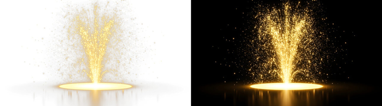 Bright golden sparks erupting upward from a circular light source with energetic glowing particles and magical shimmering dust on transparent background