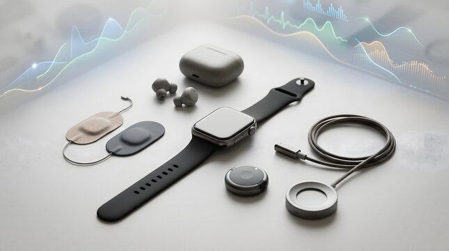 Modern smartwatch and wireless earbuds with charging case on light surface.