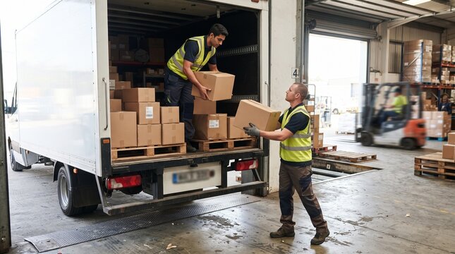 Dedicated warehouse workers efficiently load cardboard boxes onto a white delivery truck, ensuring timely logistics and seamless supply chain operations at a distribution center