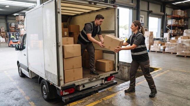 Two dedicated warehouse workers efficiently load cardboard boxes into a white delivery truck, ensuring smooth logistics and timely shipments from the distribution center