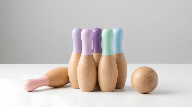 Minimalist wooden bowling set with pastel pins and toy ball on white table nursery kids room game