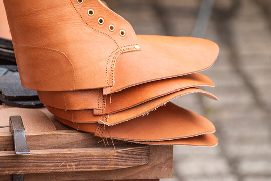 Stacked leather pieces for shoemaking The Concept of craftsmanship