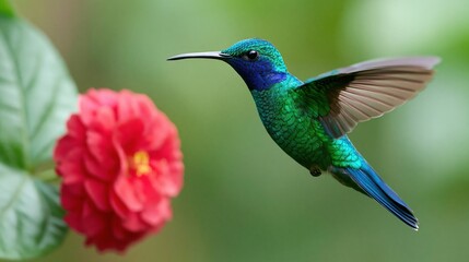 Naklejka premium Vibrant Green and Blue Hummingbird Hovering Near a Bright Red Flower in a Lush Garden